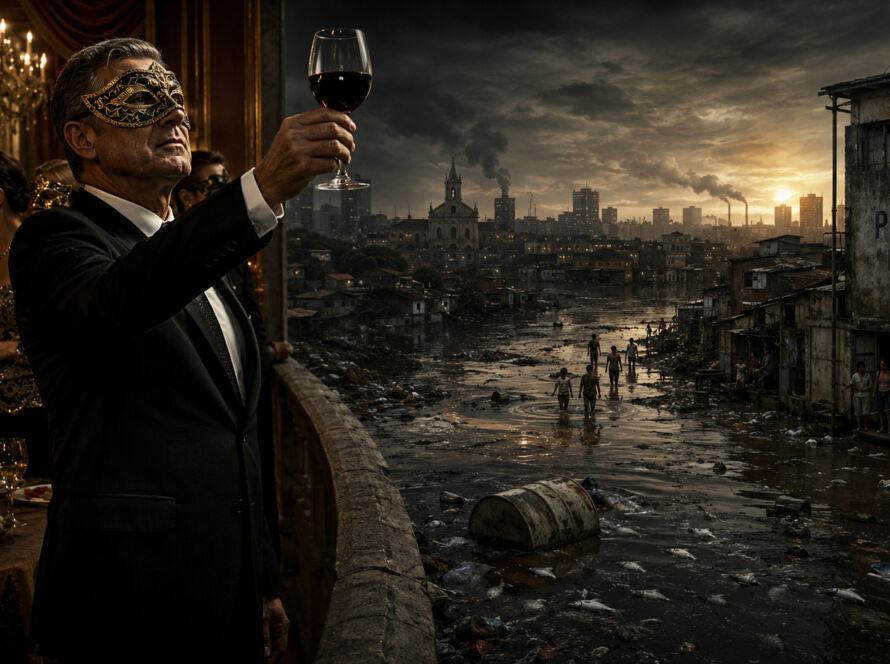 Prefeito elegante em baile de máscaras segurando uma taça de vinho enquanto ao fundo uma cidade sofre com enchente tóxica e contaminação do rio durante a noite