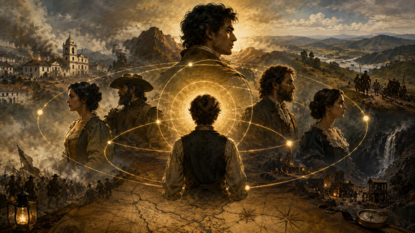 Ilustração conceitual mostrando diferentes gerações de personagens ligados por órbitas luminosas sobre um mapa antigo do Brasil colonial, simbolizando a estrutura de uma saga familiar e histórica.