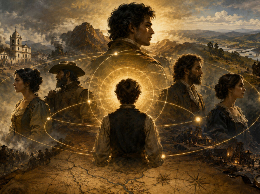 Ilustração conceitual mostrando diferentes gerações de personagens ligados por órbitas luminosas sobre um mapa antigo do Brasil colonial, simbolizando a estrutura de uma saga familiar e histórica.