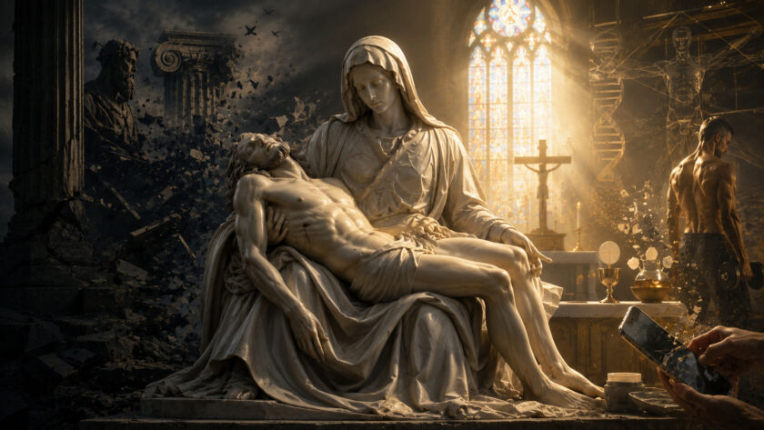 Escultura inspirada na Pietà iluminada por luz suave atravessando vitrais, simbolizando a dignidade do corpo humano na visão cristã.