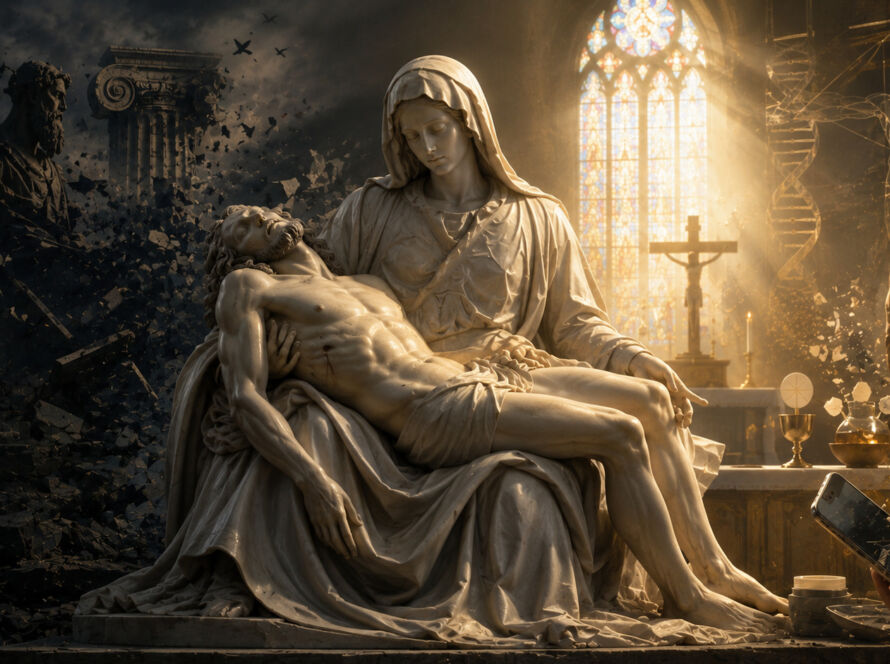 Escultura inspirada na Pietà iluminada por luz suave atravessando vitrais, simbolizando a dignidade do corpo humano na visão cristã.