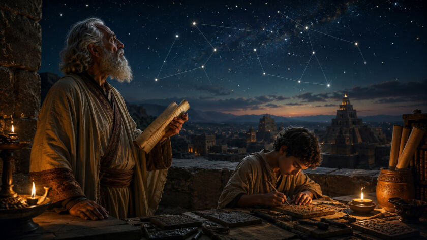 Sacerdote idoso observando as constelações do alto de uma torre antiga enquanto segura um pergaminho sob a luz de lamparinas em atmosfera contemplativa e silenciosa
