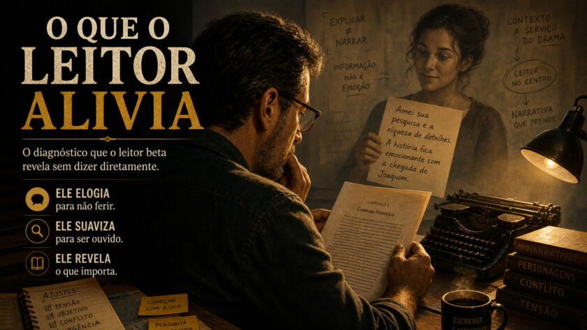 Ilustração conceitual de um escritor lendo um texto enquanto uma figura ao fundo oferece um elogio suavizado, simbolizando a crítica indireta e o papel do leitor beta na escrita.