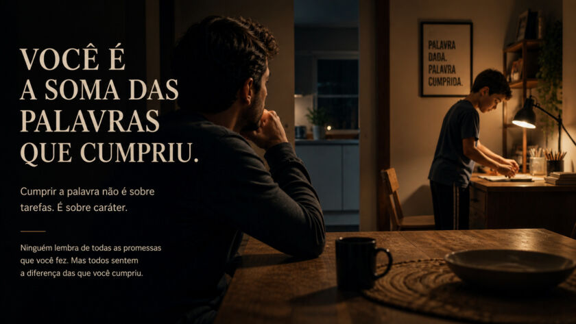 Pai observando filho cumprir tarefa após promessa, simbolizando responsabilidade e formação de caráter