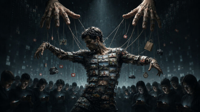Figura humana transformada em marionete digital, com o corpo coberto por telas e imagens de redes sociais, manipulada por grandes mãos invisíveis acima enquanto dezenas de pessoas ao redor observam seus celulares; a cena simboliza o capitalismo digital moldando identidades, desejos e comportamentos para consumo e engajamento.