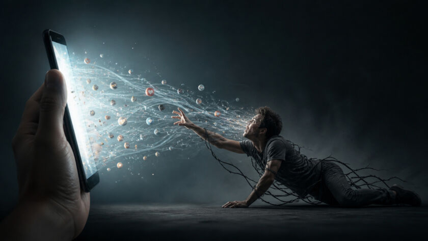 Homem sentado em uma poltrona olha fixamente para o celular enquanto correntes o prendem ao chão; à sua frente, um smartphone gigante manipulado por uma mão invisível emite fluxos de luz e ícones digitais que o atraem, simbolizando a captura da atenção pela tecnologia.