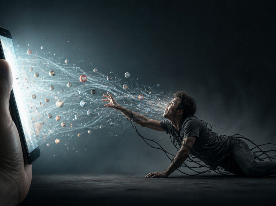 Homem sentado em uma poltrona olha fixamente para o celular enquanto correntes o prendem ao chão; à sua frente, um smartphone gigante manipulado por uma mão invisível emite fluxos de luz e ícones digitais que o atraem, simbolizando a captura da atenção pela tecnologia.