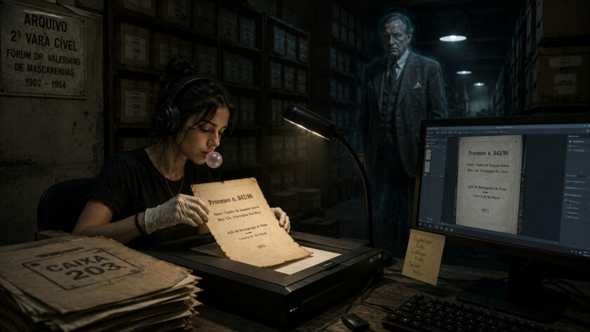 Arquivo judicial subterrâneo repleto de caixas antigas enquanto uma jovem digitaliza processos esquecidos sob iluminação fria e atmosfera silenciosa
