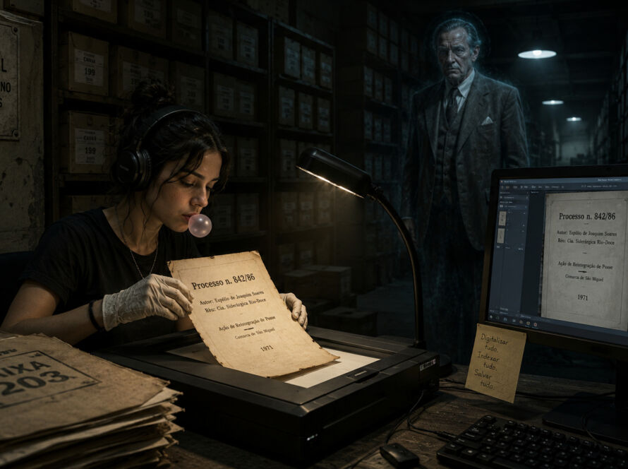 Arquivo judicial subterrâneo repleto de caixas antigas enquanto uma jovem digitaliza processos esquecidos sob iluminação fria e atmosfera silenciosa