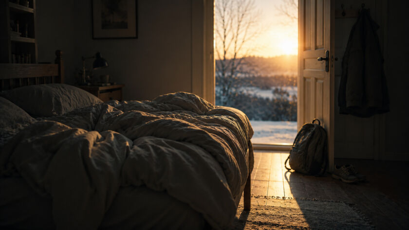 Pessoa observando uma cama desarrumada em uma manhã fria de inverno enquanto a luz do amanhecer entra pela janela, simbolizando a escolha entre o conforto e o crescimento.