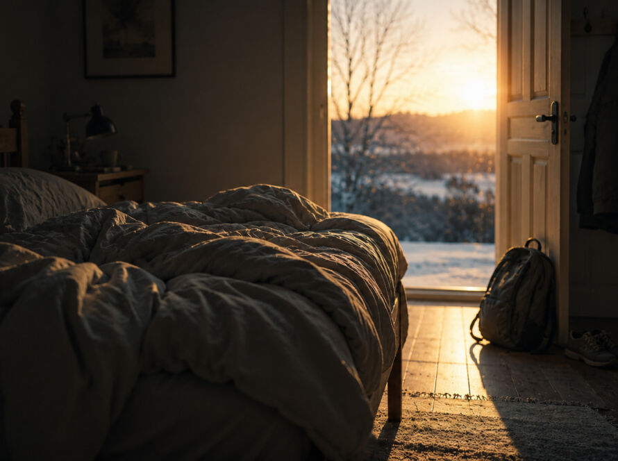 Pessoa observando uma cama desarrumada em uma manhã fria de inverno enquanto a luz do amanhecer entra pela janela, simbolizando a escolha entre o conforto e o crescimento.