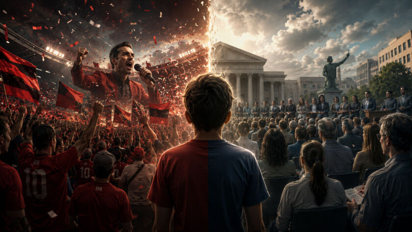 Menino visto de costas ocupa o centro da imagem, dividido entre dois mundos opostos. À esquerda, uma multidão em um estádio lotado veste as mesmas cores, ergue bandeiras e celebra um líder carismático que discursa em meio a luzes, fumaça e explosão de confetes, simbolizando a política como torcida e espetáculo. À direita, cidadãos sentados observam um debate público diante de um edifício institucional clássico, em um ambiente calmo e organizado, representando a deliberação democrática e a participação cívica. A composição contrasta emoção tribal e racionalidade democrática, ilustrando a transformação do cidadão em torcedor na política contemporânea.