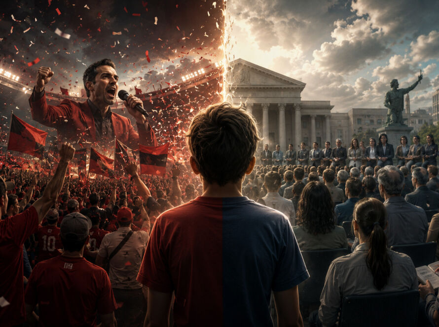 Menino visto de costas ocupa o centro da imagem, dividido entre dois mundos opostos. À esquerda, uma multidão em um estádio lotado veste as mesmas cores, ergue bandeiras e celebra um líder carismático que discursa em meio a luzes, fumaça e explosão de confetes, simbolizando a política como torcida e espetáculo. À direita, cidadãos sentados observam um debate público diante de um edifício institucional clássico, em um ambiente calmo e organizado, representando a deliberação democrática e a participação cívica. A composição contrasta emoção tribal e racionalidade democrática, ilustrando a transformação do cidadão em torcedor na política contemporânea.