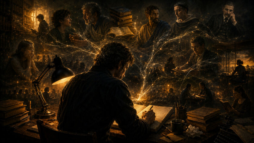 Escritor sentado diante de uma mesa iluminada enquanto linhas de luz conectam livros, pessoas e memórias ao seu redor, simbolizando a influência de conversas, leituras e experiências na formação do pensamento.