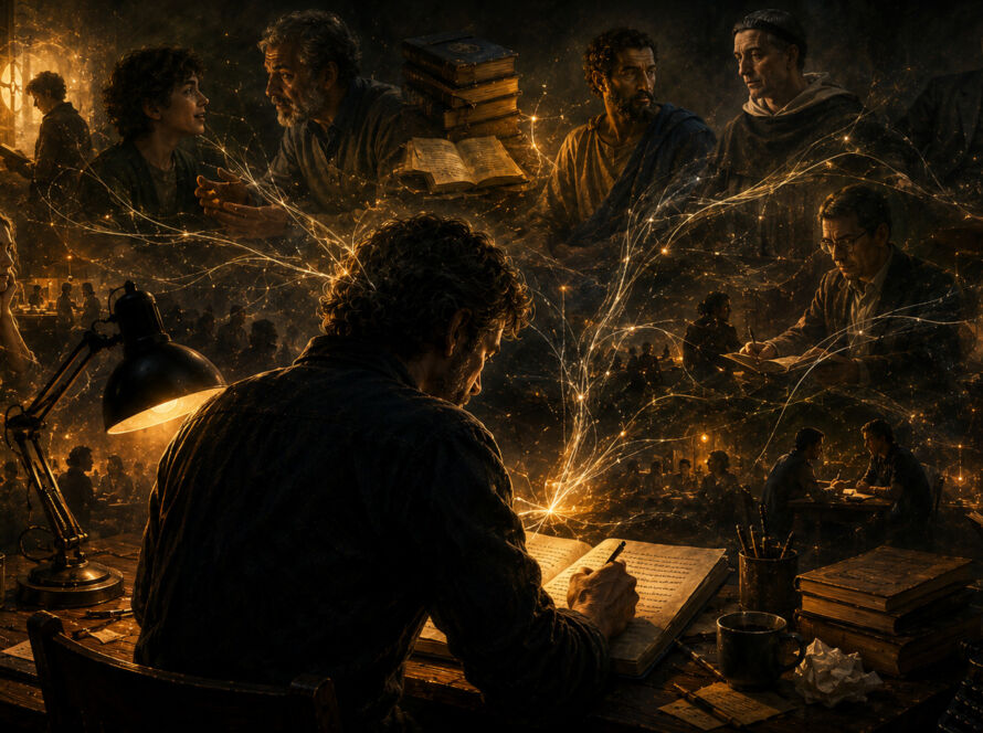 Escritor sentado diante de uma mesa iluminada enquanto linhas de luz conectam livros, pessoas e memórias ao seu redor, simbolizando a influência de conversas, leituras e experiências na formação do pensamento.