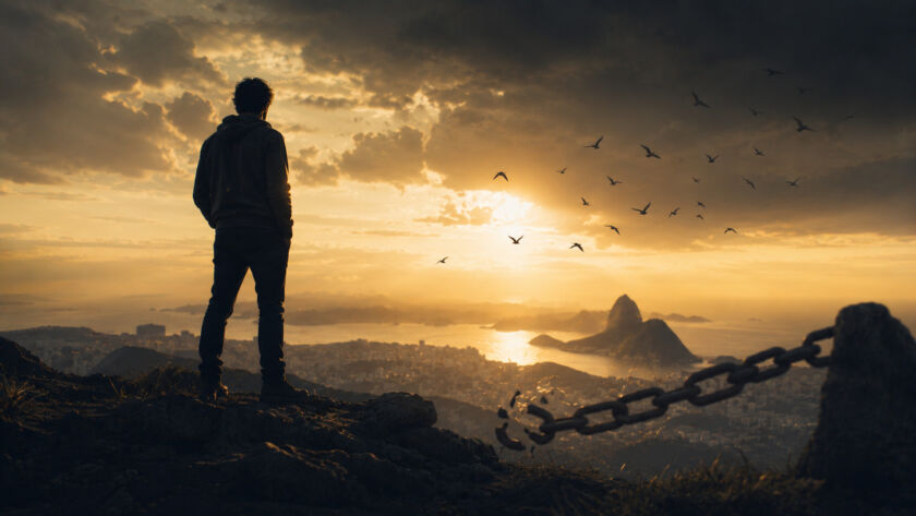 Pessoa observando o horizonte após uma tempestade, simbolizando esperança, possibilidade e confiança diante da incerteza