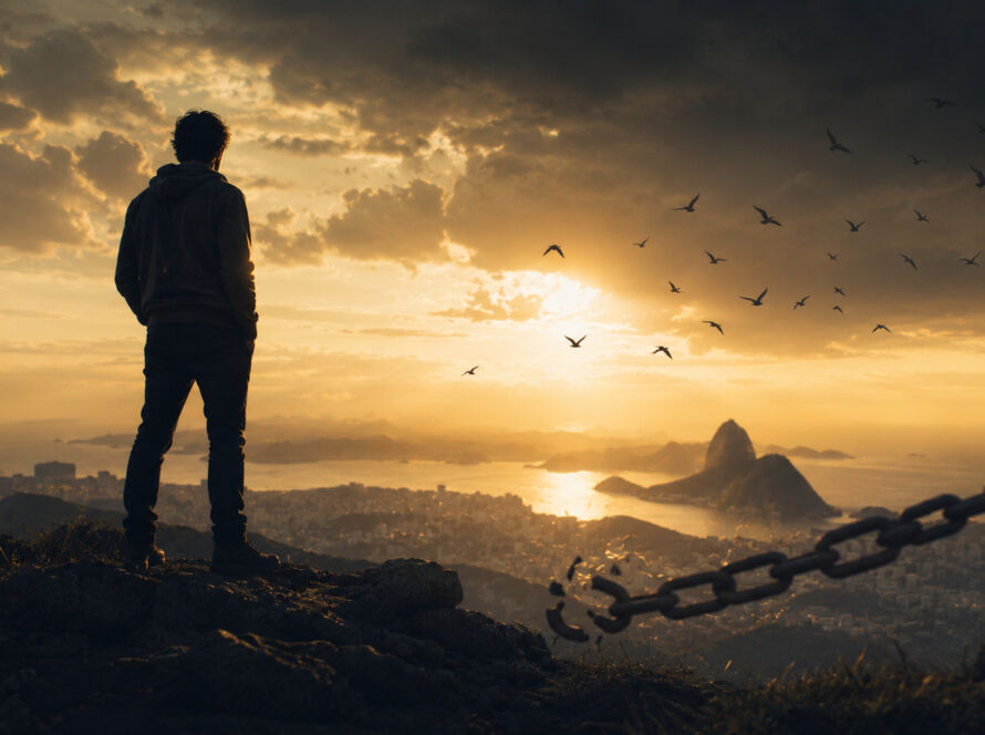 Pessoa observando o horizonte após uma tempestade, simbolizando esperança, possibilidade e confiança diante da incerteza