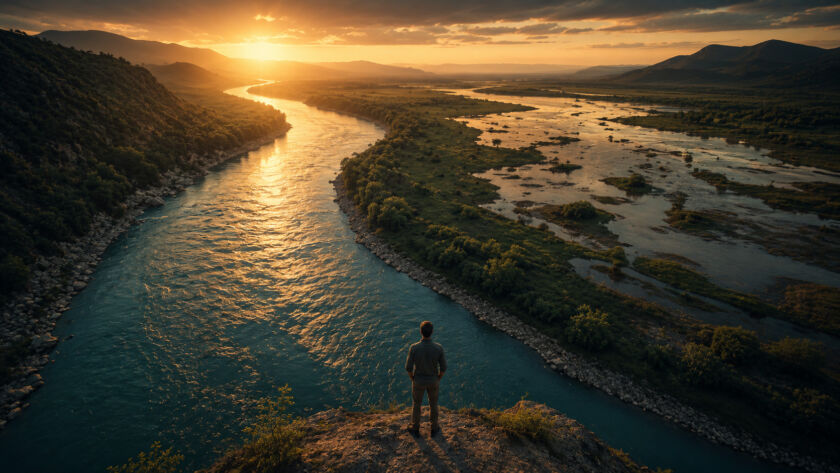 Rio sinuoso correndo entre margens bem definidas ao entardecer, simbolizando liberdade, direção e os limites que dão forma à vida