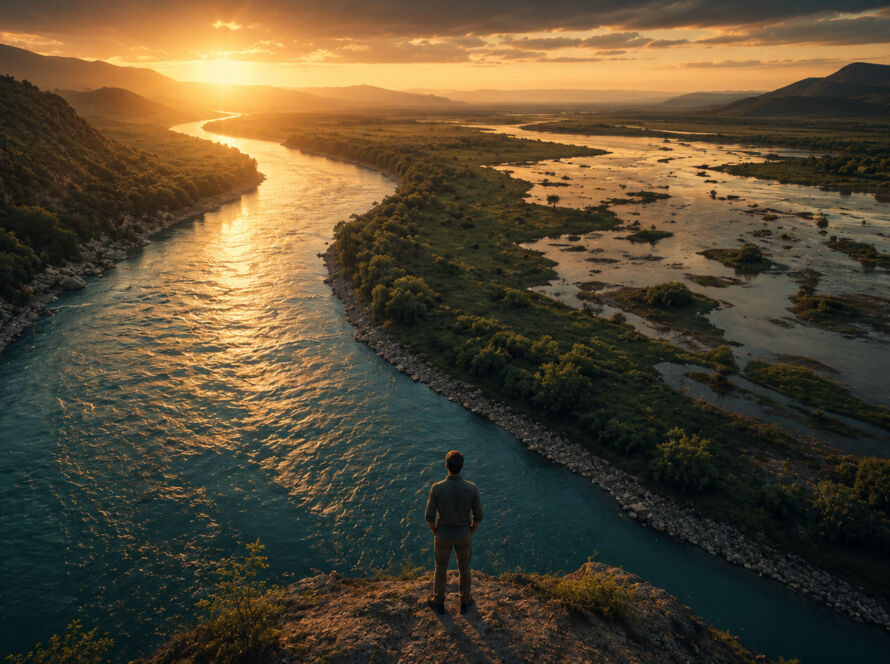Rio sinuoso correndo entre margens bem definidas ao entardecer, simbolizando liberdade, direção e os limites que dão forma à vida