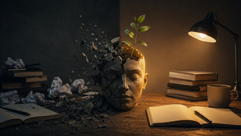 Busto de pedra parcialmente desintegrado sobre uma mesa de estudos, com fragmentos se desfazendo de um lado e uma pequena planta brotando do outro, simbolizando a transformação intelectual e o crescimento que surgem através do esforço de aprender.