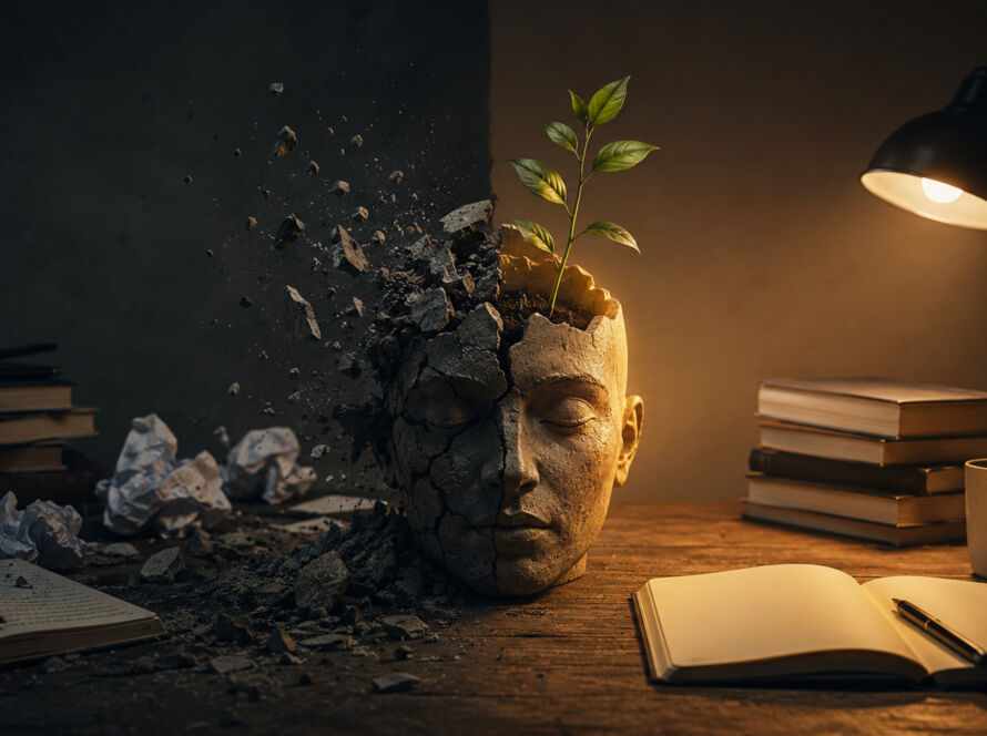 Busto de pedra parcialmente desintegrado sobre uma mesa de estudos, com fragmentos se desfazendo de um lado e uma pequena planta brotando do outro, simbolizando a transformação intelectual e o crescimento que surgem através do esforço de aprender.