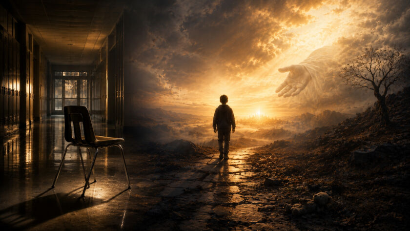 Criança caminhando em direção a uma luz distante sob céu amplo, representando a saudade humana de um mundo sem dor e a esperança cristã.