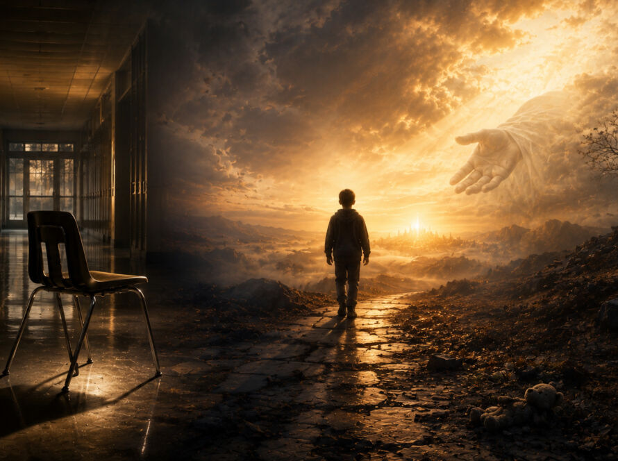 Criança caminhando em direção a uma luz distante sob céu amplo, representando a saudade humana de um mundo sem dor e a esperança cristã.