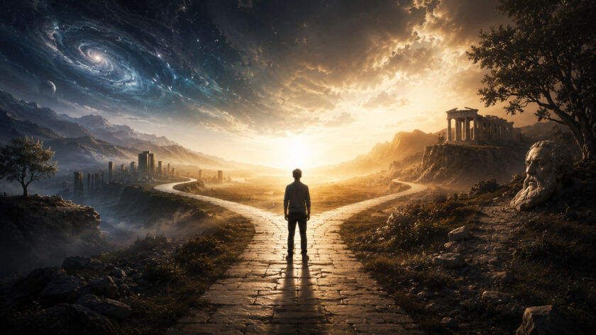 Pessoa caminhando em direção a uma luz distante no horizonte, simbolizando a busca humana pela verdade além das opiniões e aparências.