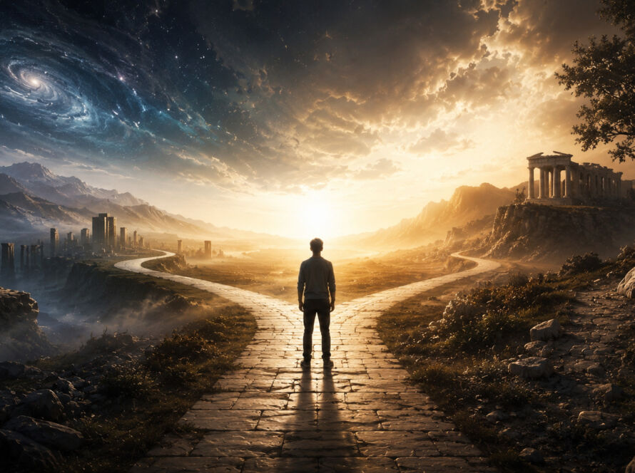 Pessoa caminhando em direção a uma luz distante no horizonte, simbolizando a busca humana pela verdade além das opiniões e aparências.