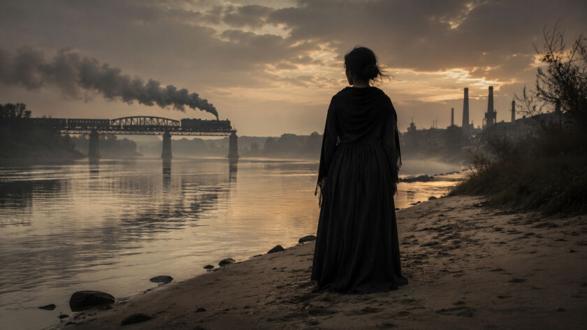 Mulher misteriosa observando silenciosamente a margem de um rio ao entardecer enquanto a névoa cobre a água e uma antiga cidade do interior aparece ao fundo.