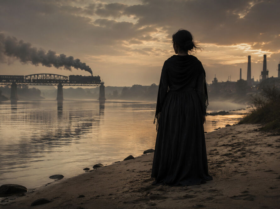 Mulher misteriosa observando silenciosamente a margem de um rio ao entardecer enquanto a névoa cobre a água e uma antiga cidade do interior aparece ao fundo.