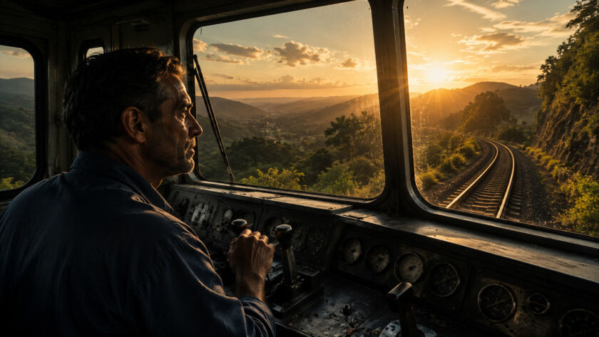 Maquinista solitário observando uma locomotiva em meio às montanhas do Vale do Paraíba ao amanhecer durante sua última viagem de trabalho
