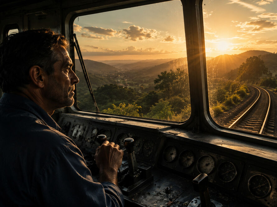Maquinista solitário observando uma locomotiva em meio às montanhas do Vale do Paraíba ao amanhecer durante sua última viagem de trabalho