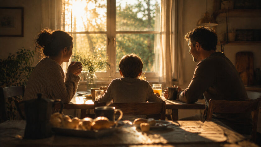 Mesa de café da manhã em família iluminada pela luz suave da manhã, simbolizando o valor do cotidiano, da presença e dos momentos simples da vida