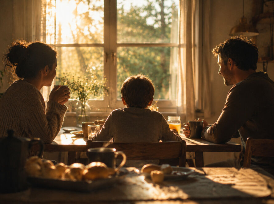 Mesa de café da manhã em família iluminada pela luz suave da manhã, simbolizando o valor do cotidiano, da presença e dos momentos simples da vida
