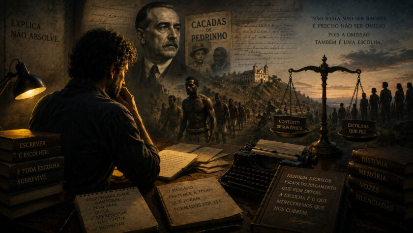Escritor diante de uma mesa iluminada observando manuscritos antigos, enquanto sombras de personagens históricos e páginas de livros surgem ao fundo, simbolizando responsabilidade autoral, memória e julgamento histórico.