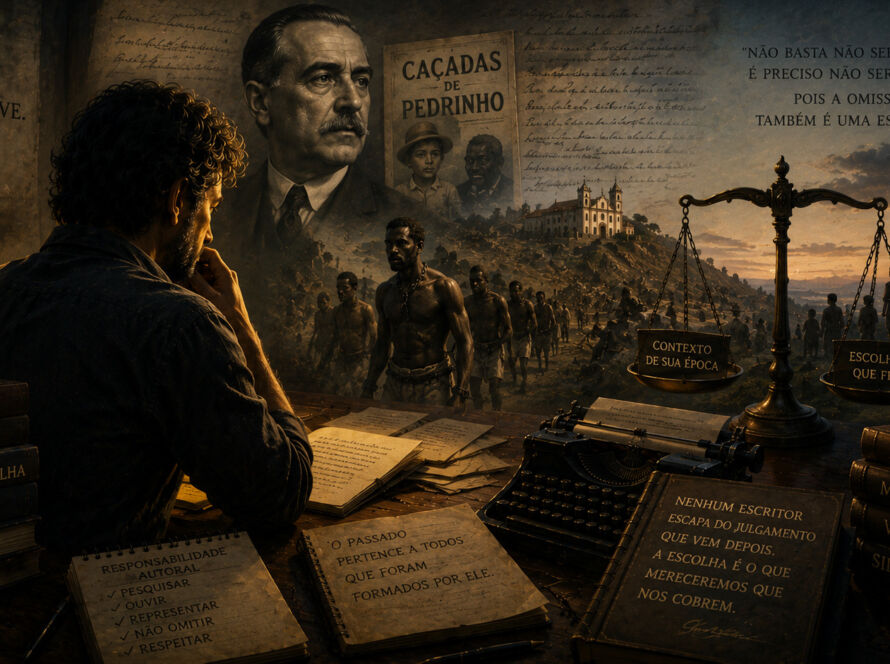 Escritor diante de uma mesa iluminada observando manuscritos antigos, enquanto sombras de personagens históricos e páginas de livros surgem ao fundo, simbolizando responsabilidade autoral, memória e julgamento histórico.