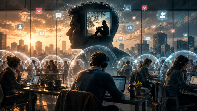 Escritório amplo em plano aberto com dezenas de pessoas sentadas lado a lado em mesas compartilhadas. Quase todos usam fones de ouvido e olham para telas de computador, criando uma atmosfera de isolamento silencioso apesar da proximidade física. A iluminação suave destaca a contradição entre a presença coletiva e a desconexão individual, simbolizando a solidão conectada da vida contemporânea e a dificuldade de construir vínculos em meio à hiperconexão digital.