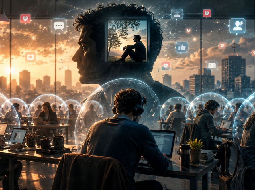 Escritório amplo em plano aberto com dezenas de pessoas sentadas lado a lado em mesas compartilhadas. Quase todos usam fones de ouvido e olham para telas de computador, criando uma atmosfera de isolamento silencioso apesar da proximidade física. A iluminação suave destaca a contradição entre a presença coletiva e a desconexão individual, simbolizando a solidão conectada da vida contemporânea e a dificuldade de construir vínculos em meio à hiperconexão digital.