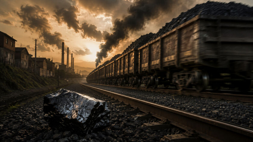 **Alt-text (SEO + acessibilidade):** Trem de carga carregado de gusa atravessando um bairro operário ao entardecer, enquanto uma grande pedra de ferro repousa sobre os trilhos em primeiro plano sob céu dramático iluminado pela fumaça industrial.