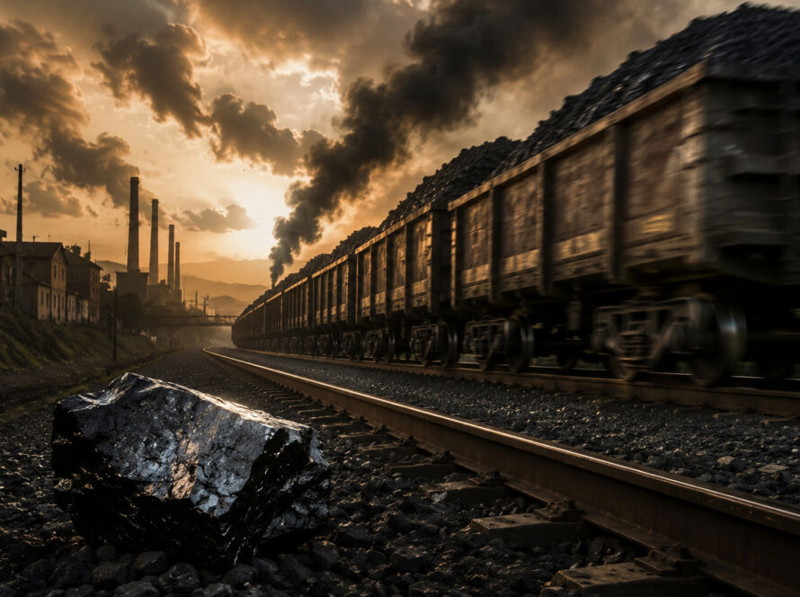 **Alt-text (SEO + acessibilidade):** Trem de carga carregado de gusa atravessando um bairro operário ao entardecer, enquanto uma grande pedra de ferro repousa sobre os trilhos em primeiro plano sob céu dramático iluminado pela fumaça industrial.