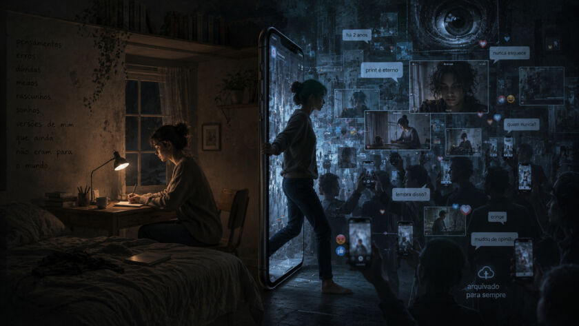 Pessoa sentada sozinha em um quarto escuro e acolhedor escreve à luz de um abajur, cercada por livros e anotações, enquanto uma enorme tela de smartphone funciona como portal para um espaço digital repleto de câmeras, celulares erguidos e rostos observando. Do lado externo, imagens, comentários e registros flutuam no ar sob o olhar de um grande olho simbólico, representando a vigilância constante das redes sociais. A cena contrasta a intimidade da vida privada com a exposição permanente da vida digital, simbolizando a perda da privacidade e a dificuldade de existir sem audiência.
