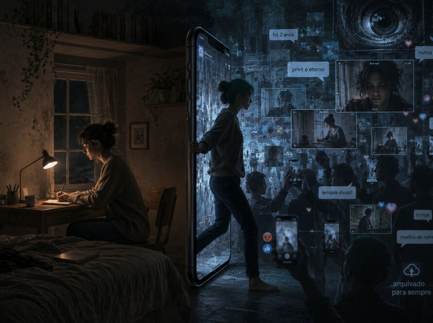 Pessoa sentada sozinha em um quarto escuro e acolhedor escreve à luz de um abajur, cercada por livros e anotações, enquanto uma enorme tela de smartphone funciona como portal para um espaço digital repleto de câmeras, celulares erguidos e rostos observando. Do lado externo, imagens, comentários e registros flutuam no ar sob o olhar de um grande olho simbólico, representando a vigilância constante das redes sociais. A cena contrasta a intimidade da vida privada com a exposição permanente da vida digital, simbolizando a perda da privacidade e a dificuldade de existir sem audiência.