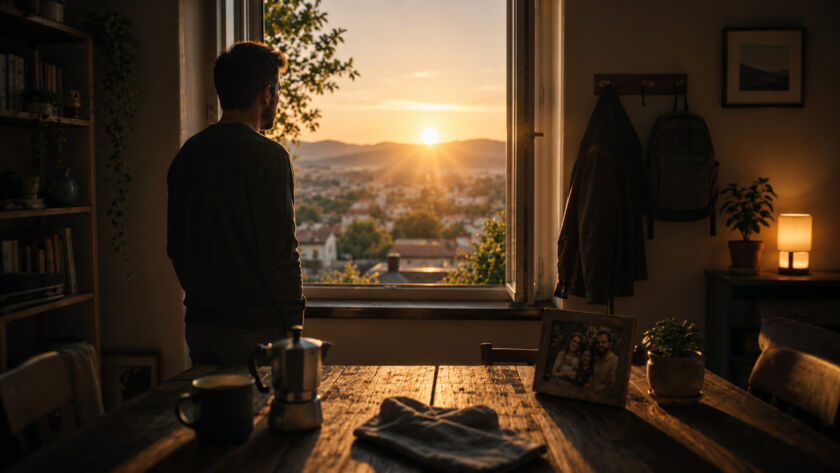 Homem observando sua casa ao amanhecer enquanto a luz ilumina discretamente objetos cotidianos, simbolizando a redescoberta do valor das coisas familiares