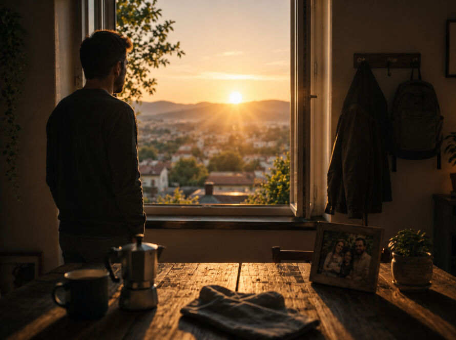 Homem observando sua casa ao amanhecer enquanto a luz ilumina discretamente objetos cotidianos, simbolizando a redescoberta do valor das coisas familiares