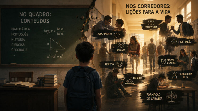 Imagem conceitual dividida em dois ambientes escolares. À esquerda, uma sala de aula vazia com quadro-negro coberto por fórmulas matemáticas, livros e materiais didáticos, representando o currículo formal. À direita, um corredor iluminado onde estudantes interagem, estudam, conversam e enfrentam desafios cotidianos, simbolizando aprendizagens invisíveis como amizade, respeito, convivência, frustração, esforço e formação do caráter. Ao centro, um aluno observa os dois espaços, sugerindo o contraste entre o que a escola ensina oficialmente e o que transmite por meio das experiências humanas.