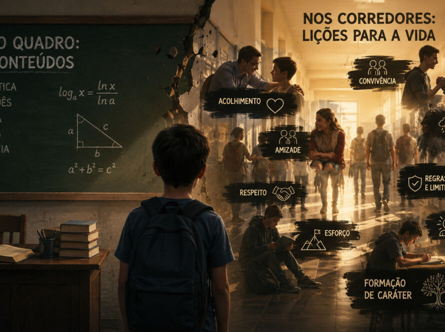 Imagem conceitual dividida em dois ambientes escolares. À esquerda, uma sala de aula vazia com quadro-negro coberto por fórmulas matemáticas, livros e materiais didáticos, representando o currículo formal. À direita, um corredor iluminado onde estudantes interagem, estudam, conversam e enfrentam desafios cotidianos, simbolizando aprendizagens invisíveis como amizade, respeito, convivência, frustração, esforço e formação do caráter. Ao centro, um aluno observa os dois espaços, sugerindo o contraste entre o que a escola ensina oficialmente e o que transmite por meio das experiências humanas.