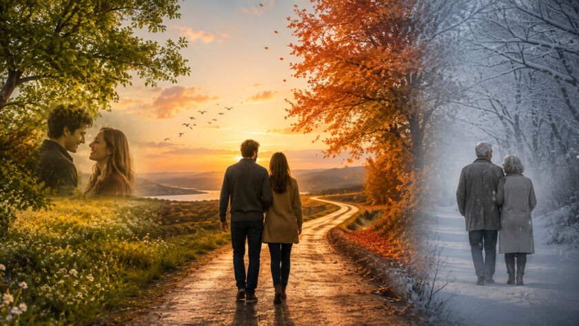 Casal caminhando lado a lado por uma estrada que atravessa diferentes estações do ano, simbolizando a transformação do amor ao longo do tempo.
