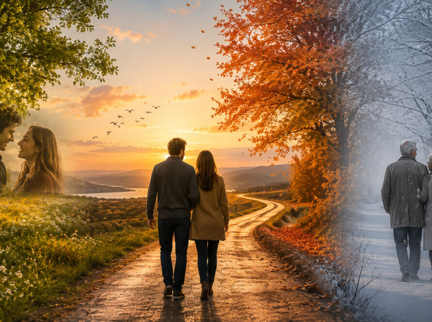 Casal caminhando lado a lado por uma estrada que atravessa diferentes estações do ano, simbolizando a transformação do amor ao longo do tempo.