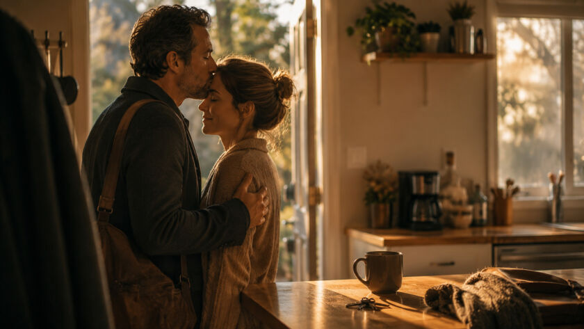 Casal trocando um beijo antes de sair de casa, simbolizando os pequenos rituais que sustentam o amor ao longo do tempo.